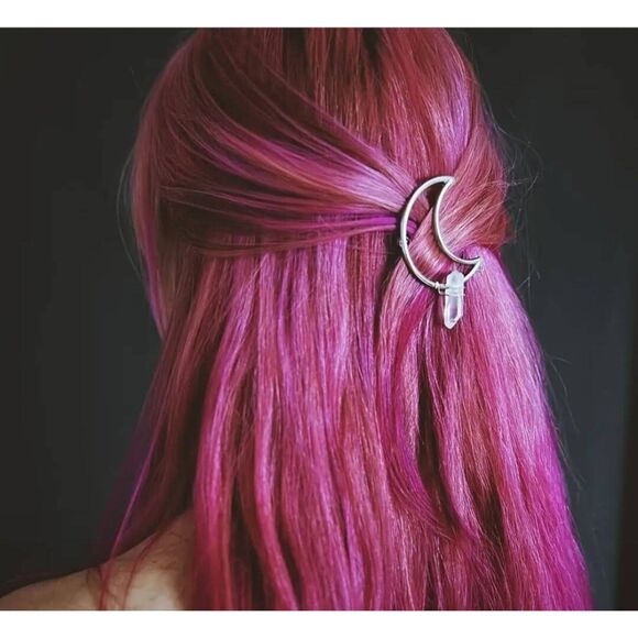 Barrette Crescent Moon Silver Prasiolite Green Quartz Natural Obelisk Dangle - Picture 2 of 2